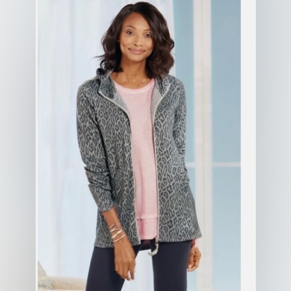 Soft Surroundings Lyra Leopard Hooded Zip Front Jacket Gray XL